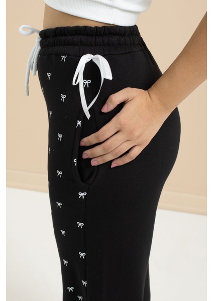 Siyah Fiyonk Baskılı Geniş Paça Kız Çocuk Şardonlu Eşofman Altı 23424 fiyatları