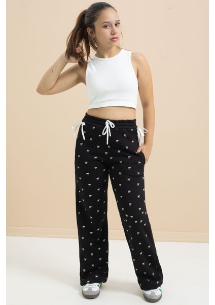 Siyah Fiyonk Baskılı Geniş Paça Kız Çocuk Şardonlu Eşofman Altı 23424 modelleri