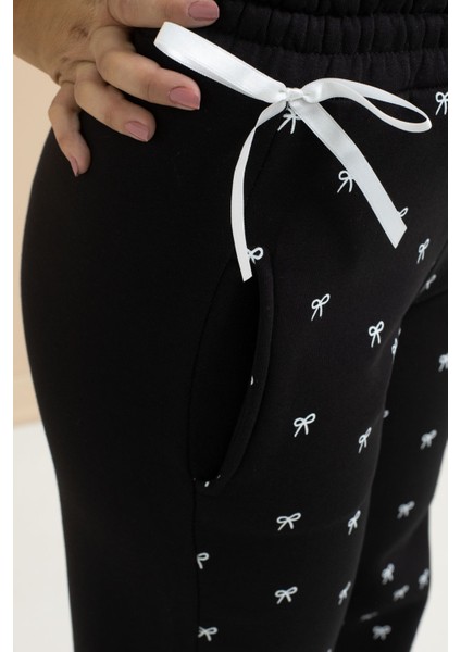 Siyah Fiyonk Baskılı Geniş Paça Kız Çocuk Şardonlu Eşofman Altı 23424 fırsatları