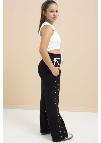 Siyah Fiyonk Baskılı Geniş Paça Kız Çocuk Şardonlu Eşofman Altı 23424 indirimleri
