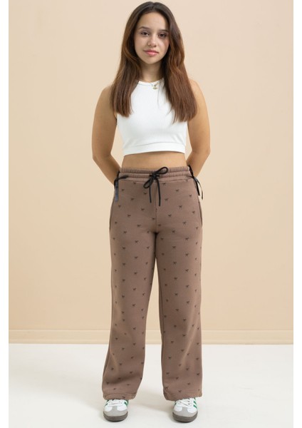 Kahverengi Fiyonk Baskılı Geniş Paça Kız Çocuk Şardonlu Eşofman Altı 21434