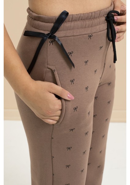 Kahverengi Fiyonk Baskılı Geniş Paça Kız Çocuk Şardonlu Eşofman Altı 21434 fiyatları