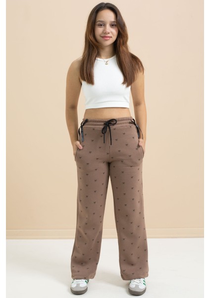 Kahverengi Fiyonk Baskılı Geniş Paça Kız Çocuk Şardonlu Eşofman Altı 21434 modelleri