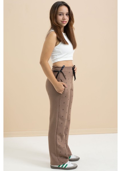 Kahverengi Fiyonk Baskılı Geniş Paça Kız Çocuk Şardonlu Eşofman Altı 21434 indirimleri