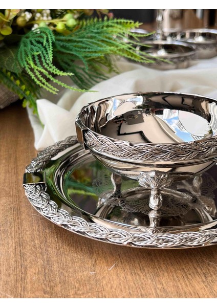 Halat Desenli Tepsi ve Ayaklı Kase 2’li Metal Sunum Takımı – 17X17X13,5 cm