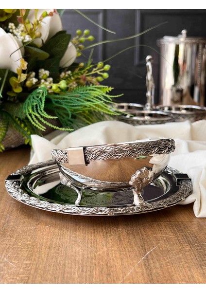 Halat Desenli Tepsi ve Ayaklı Kase 2’li Metal Sunum Takımı – 17X17X13,5 cm fiyatları