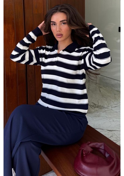 Lacivert Çizgili Polo Yaka Düğmeli Kadın Kazak MG2561
