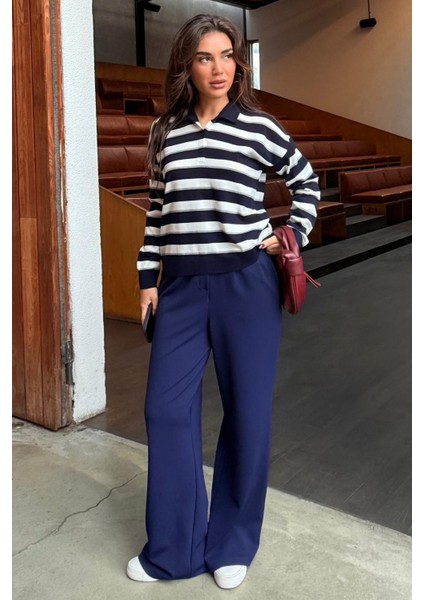 Lacivert Çizgili Polo Yaka Düğmeli Kadın Kazak MG2561 fiyatları