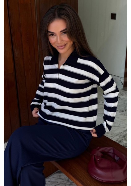 Lacivert Çizgili Polo Yaka Düğmeli Kadın Kazak MG2561 modelleri