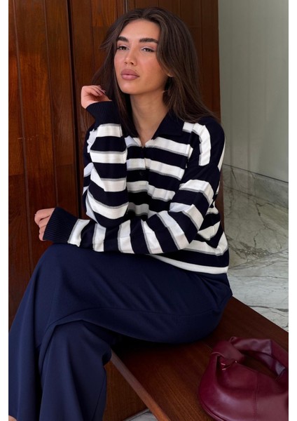 Lacivert Çizgili Polo Yaka Düğmeli Kadın Kazak MG2561 indirimleri