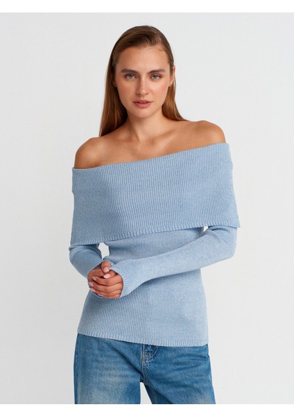 10808 Bardot Yaka Fitilli Simli Triko Kazak-Mavi