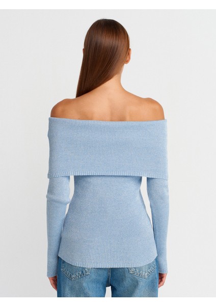 10808 Bardot Yaka Fitilli Simli Triko Kazak-Mavi fiyatları