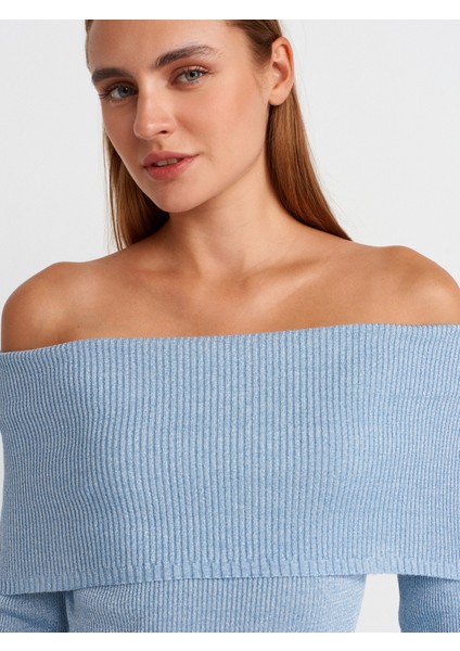 10808 Bardot Yaka Fitilli Simli Triko Kazak-Mavi modelleri