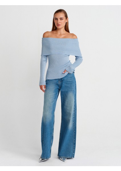 10808 Bardot Yaka Fitilli Simli Triko Kazak-Mavi fırsatları