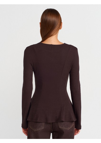 32090 Uzun Kollu Peplum Top-Koyu Kahve fiyatları