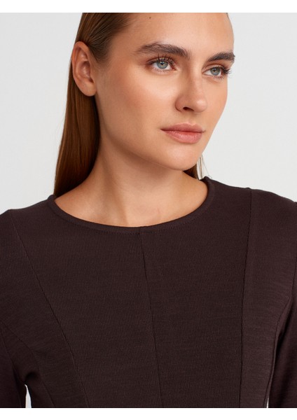 32090 Uzun Kollu Peplum Top-Koyu Kahve modelleri