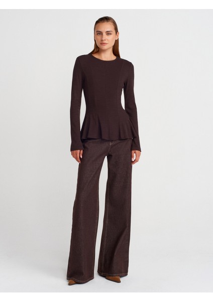 32090 Uzun Kollu Peplum Top-Koyu Kahve fırsatları