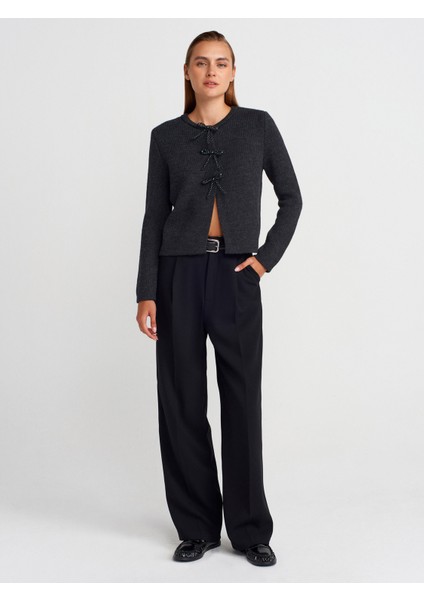 60983 Incili Fiyonk Aksesuarlı Triko Hırka-Antrasit fırsatları