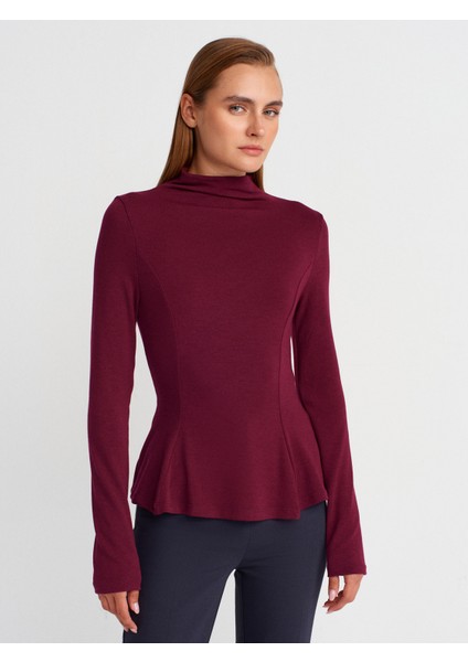 32038 Uzun Kollu Peplum Top-Bordo