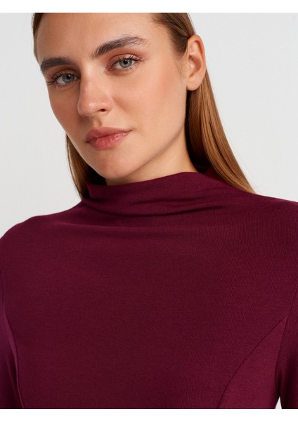 32038 Uzun Kollu Peplum Top-Bordo modelleri