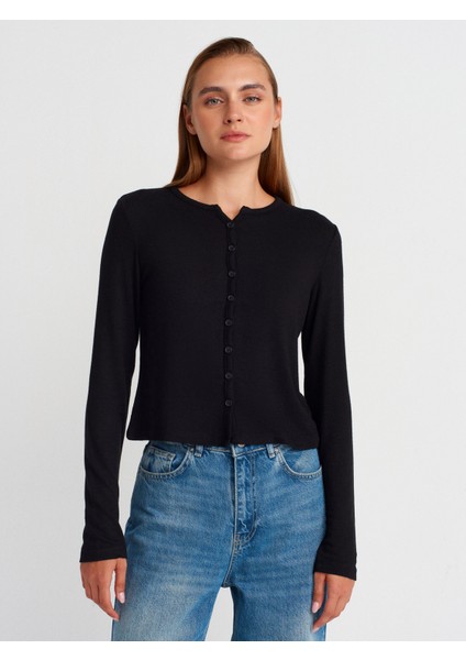 31413 Düğmeli Detaylı Hırka-Siyah