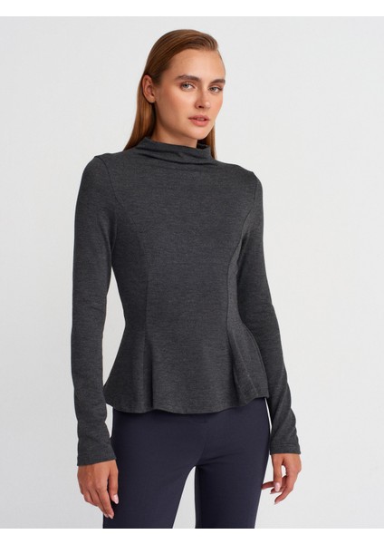 32038 Uzun Kollu Peplum Top-Antrasit M