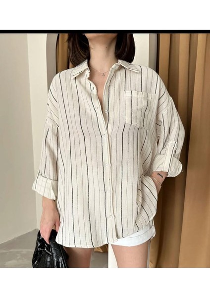 Siyah Çizgili Cepli Müslin Kumaş Gömlek