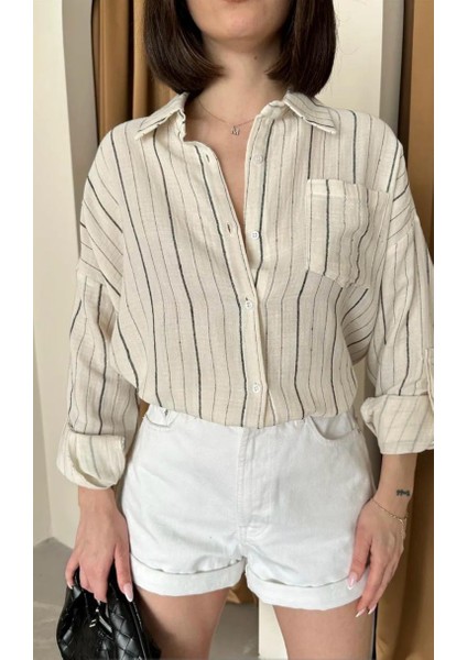 Siyah Çizgili Cepli Müslin Kumaş Gömlek modelleri