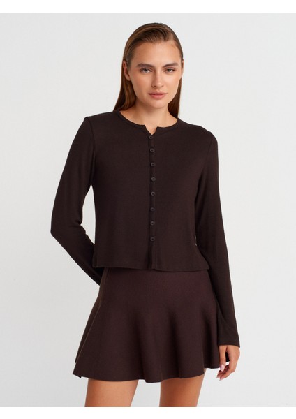 31413 Düğmeli Detaylı Hırka-Koyu Kahve