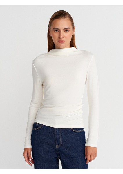 32139 Büzgülü Uzun Kollu Top-Ekru