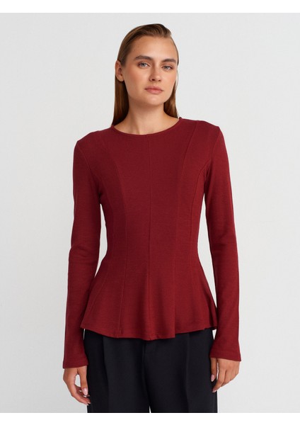 32090 Uzun Kollu Peplum Top-Açık Bordo