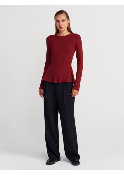 32090 Uzun Kollu Peplum Top-Açık Bordo fırsatları