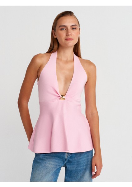 10787 Halter Yaka Metal Detaylı Peplum Triko Bluz-Pembe