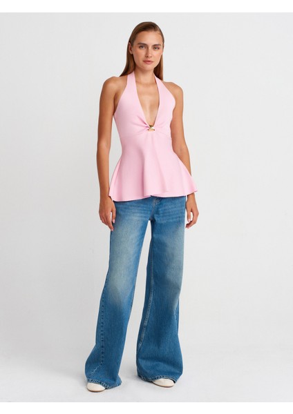 10787 Halter Yaka Metal Detaylı Peplum Triko Bluz-Pembe fırsatları