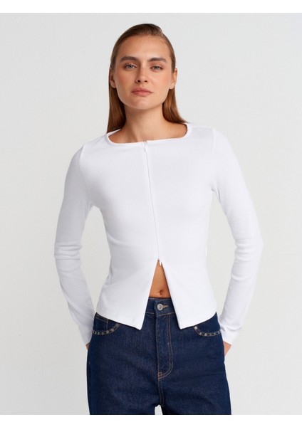 31993 Fermuar Detaylı Uzun Kollu Top-Beyaz