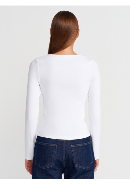 31993 Fermuar Detaylı Uzun Kollu Top-Beyaz fiyatları