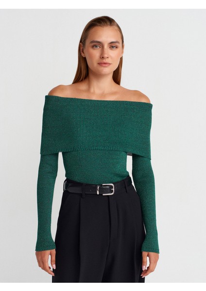 10808 Bardot Yaka Fitilli Simli Triko Kazak-Zümrüt