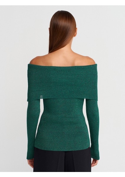 10808 Bardot Yaka Fitilli Simli Triko Kazak-Zümrüt fiyatları