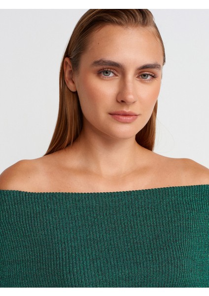 10808 Bardot Yaka Fitilli Simli Triko Kazak-Zümrüt modelleri