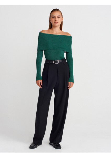 10808 Bardot Yaka Fitilli Simli Triko Kazak-Zümrüt fırsatları