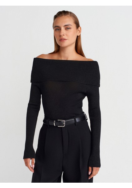 10808 Bardot Yaka Fitilli Simli Triko Kazak-Siyah