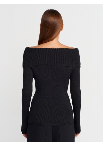 10808 Bardot Yaka Fitilli Simli Triko Kazak-Siyah fiyatları