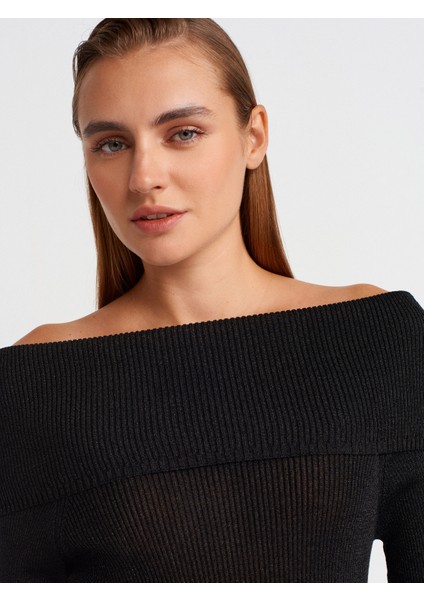 10808 Bardot Yaka Fitilli Simli Triko Kazak-Siyah modelleri