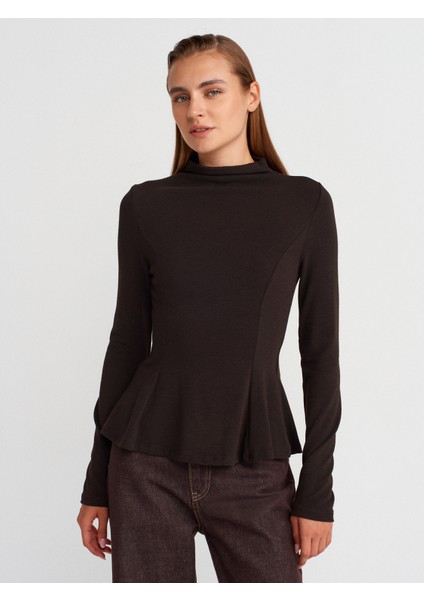 32038 Uzun Kollu Peplum Top-Koyu Kahve
