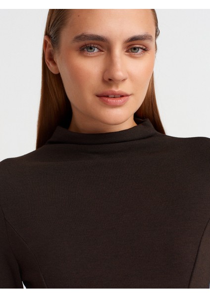 32038 Uzun Kollu Peplum Top-Koyu Kahve modelleri