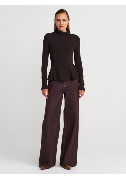 32038 Uzun Kollu Peplum Top-Koyu Kahve fırsatları