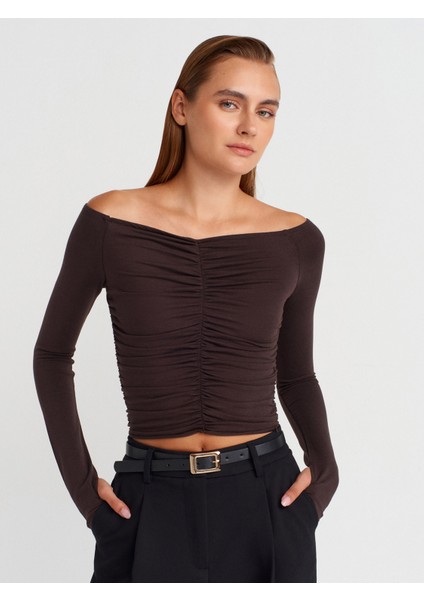 32089 Omuzları Açık Büzgülü Top-Koyu Kahve
