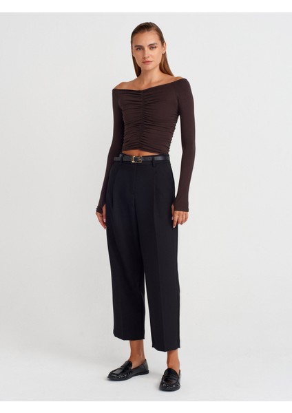 32089 Omuzları Açık Büzgülü Top-Koyu Kahve fırsatları