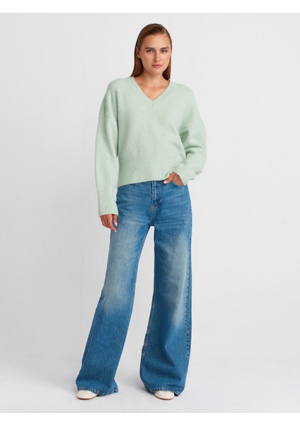 10645 V Yaka Yumuşak Dokulu Triko Kazak-Koyu Mint fırsatları