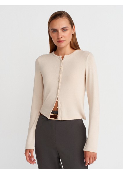 31413 Düğmeli Detaylı Hırka-Taş